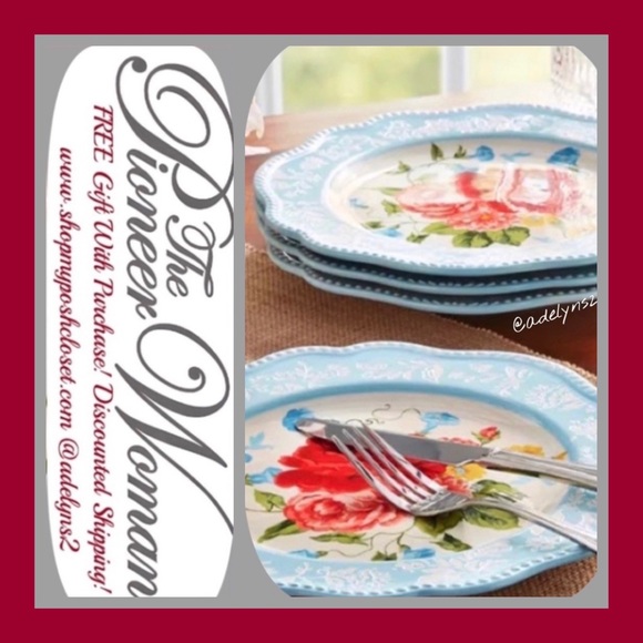 🌺 New Pioneer Woman (4) Sweet Rose Dinner Plates, Blue Red